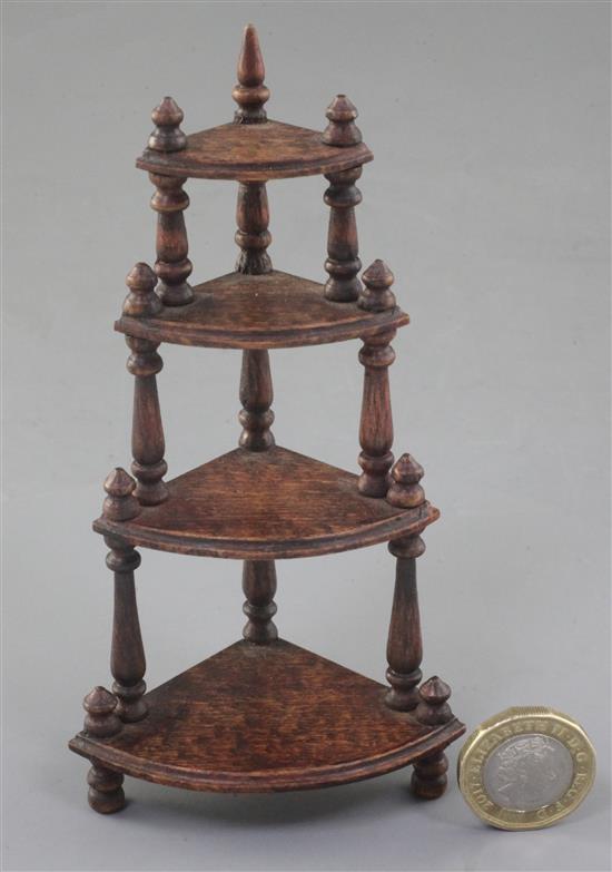 Denis Hillman. A Victorian stained beech four tier miniature bowfronted corner whatnot, height 5in.